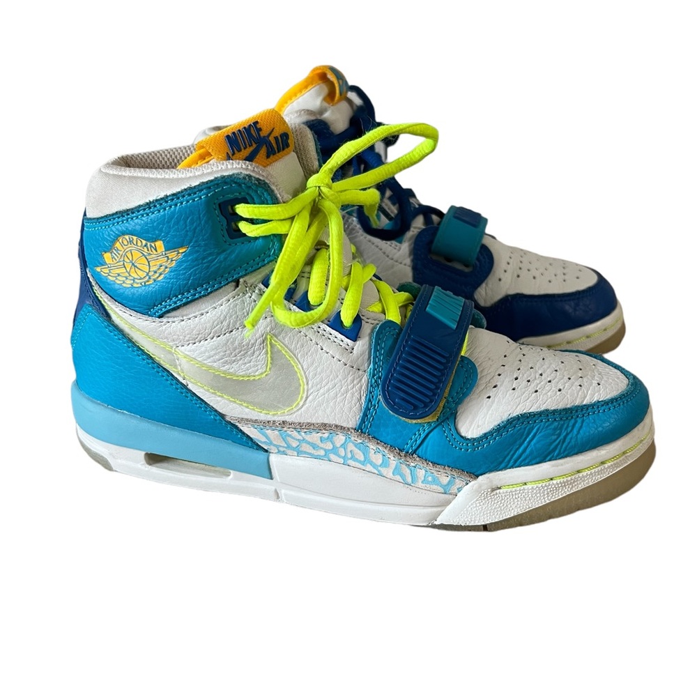 Jordan Kids High-Top Sneakers in White, Teal & Neon Yellow